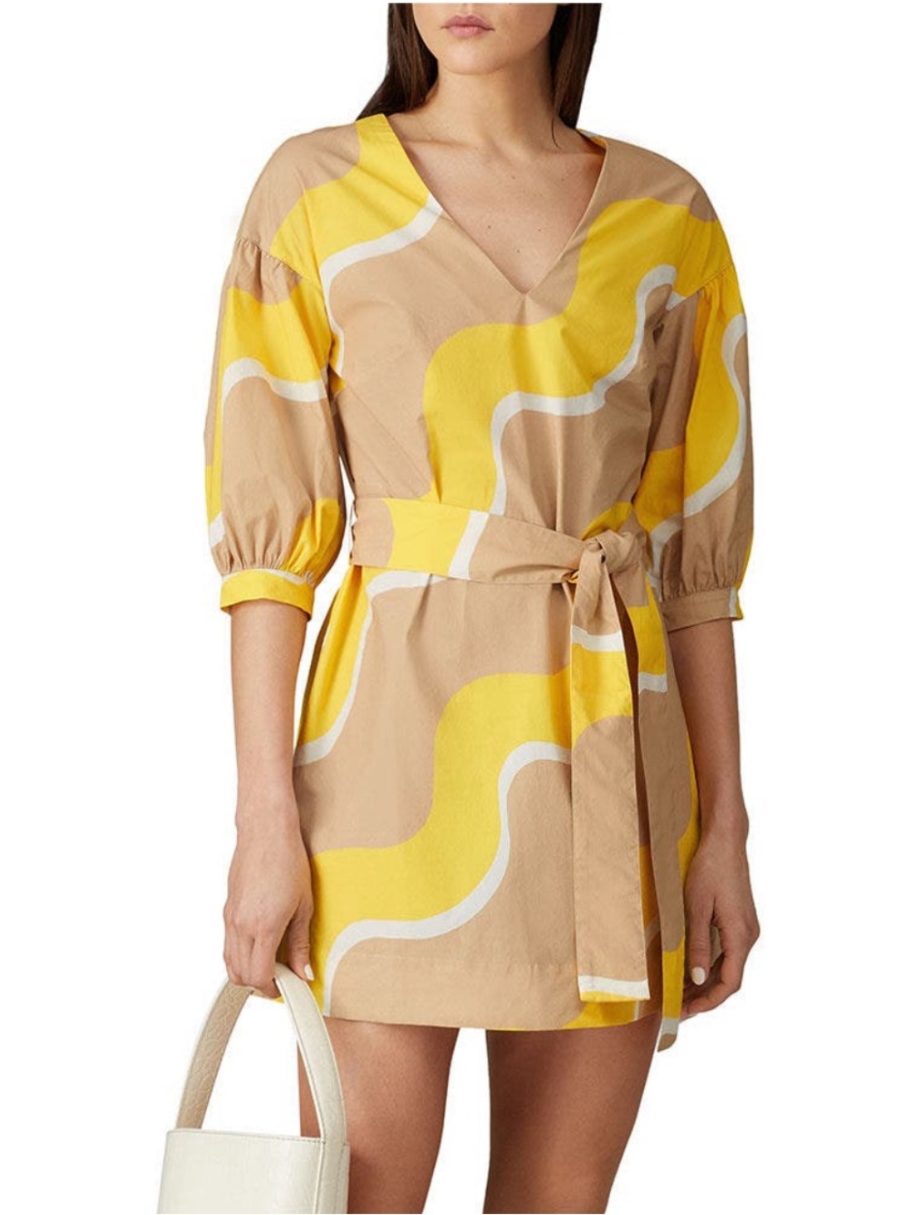 Chinti & Parker Yellow and Beige V-Neck Tie-Waist Mini Dress